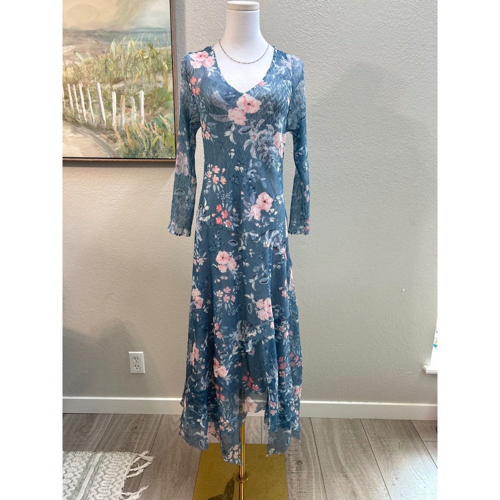 Komarov Blue Floral Crinkle Chiffon Midi Dress P/XL Handkerchief Hem Cottagecore